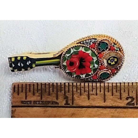 Mandolin Micro Mosaic Pin Brooch Red Green Yellow *Missing Piece In Handle* 10K - Picture 5 of 7